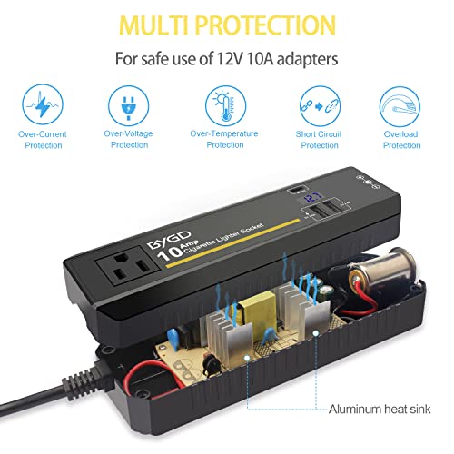 AC to DC Converter, 100-240V to 12V 10A Power Adapter with Cigarette Lighter Socket and Voltage Display, 2 USB Ports & Type-C, Power Converter for Car Vacuum Cleaner, Car Refrigerator, Inflate Pump