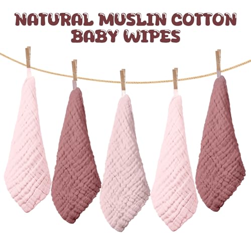 Image of Breling 20 Pcs Baby Muslin Washcloth 12 x 12 Inch 100% Cotton Soft and Absorbent Muslin Washcloth Burp Cloth Wipe Newborn Face Towel for Baby Boy Girl Sensitive Skin(Pink, Bean Paste, Dark Pink)