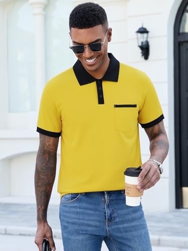 Image of Men's Casual Polo Shirts Summer Short Sleeve Contrast Collar Buttoned Tee Polo Shirt with Pocket