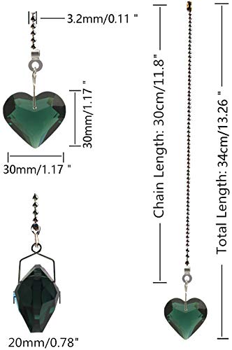 Image of 2Pcs Crystal Ceiling Fan Pull Chain Extender with Connector, 12 inch | K9 Crystal Glass, Not Acrylic, Heart Prism, Cut-To-Length Adjustable, Snap-On Connector For Fan, Light, Lamp (Emerald)