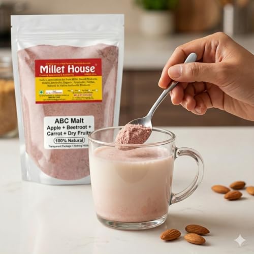 Image of Millet House ABC Mix Malt Powder | Apple, Beetroot, Carrot + Dry Fruits | No Preservatives | No Refined Sugar | Natural Health Drink for Kids & Adults | Ready-to-Mix | 200g Pack