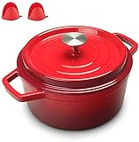 SaryEdge Runder, emaillierter Gusseisen-Schmortopf (22 cm Durchmesser) mit Deckel, multifunktionales Antihaft-Kochgeschirr, geeignet zum Dämpfen, Schmoren, Backen, Braten und,Red-