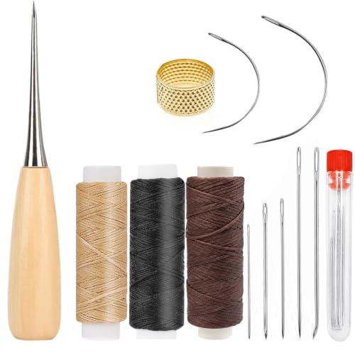 Kit de Réparation Cuir BINJCE – Aiguilles et Fil Ciré, Outils de Couture Manuelle pour Chaussures, Ceintures, Sacs, Canapés, Sièges Auto – 3 Bobines de Fil