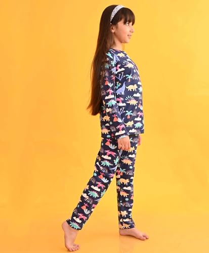 Image of ANTHRILO Pure Cotton Printed Pyjama Set for Girls | Regular Wear | Dinosaur Rainbow Long Sleeves Girls Pyjama Set - Blue 12-14 Years