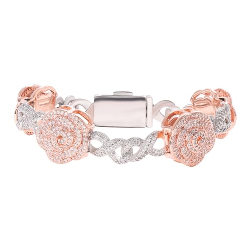 Lulu Mel Infinity Rose Gold Cuban Chain Bracelet for Men Women, Iced Out Silver Rose 5A Cubic Zirconia Diamond Cuban Charm Flower Bracelets Hip Hop Gift