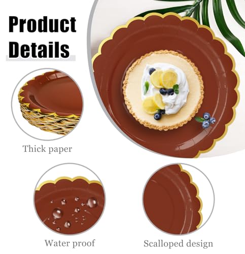 Image of HEIPINIUYE 50 Pieces Brown Paper Plates with Gold Foil 7 Inch Disposable Brown and Gold Scalloped Dinner Plates for Wedding Baby Shower Birthday Party Dessert Plate