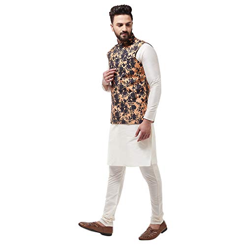 Image of SOJANYA (Since 1958, Men's Silk Blend Pink Kurta Pyjama & Printed Nehrujacket Combo