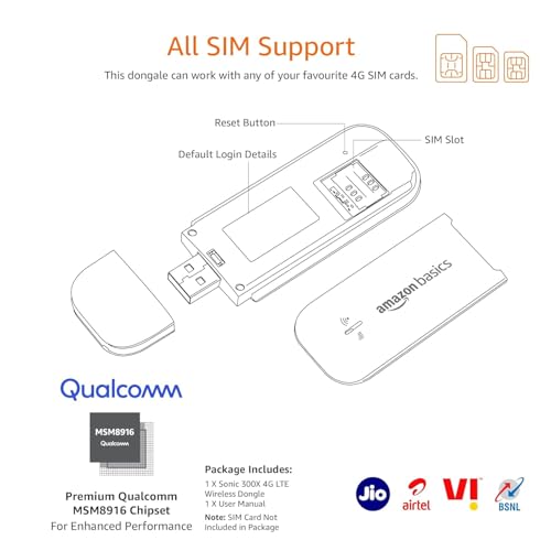 Image of Amazon Basics 4G LTE WiFi USB Dongle Stick with All SIM Support | Plug & Play Data Card with Up to 150Mbps Data Speed, Hotspot for 10 People, Premium Qualcomm Chipset, Single Band, Black