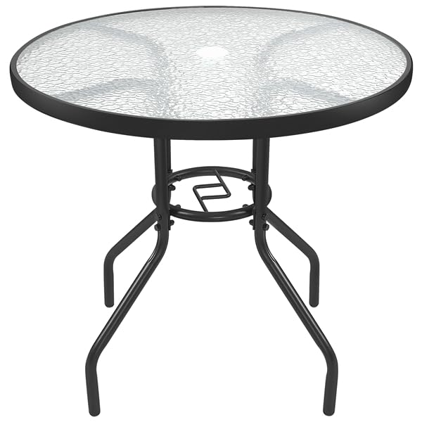 Yaheetech Tavolo da Giardino Rotondo in Vetro Diametro 70 cm con Foro Ombrellone Altezza 73 cm Nero