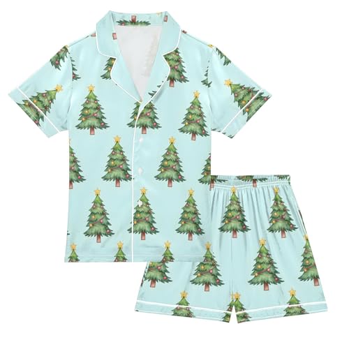 Satin Pajama Sets Short Sleeve Christmas Trees on Light Background Button Down Silky Nightwear 2 Piece PJS 5-14Y