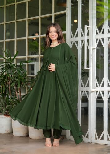Image of Olive Green Flared Anarkali Dress with Lace Detailing Suit Set