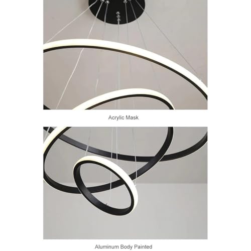 Image of OJIT Modern 3 Ring Led Chandelier, Pendant Light Height Adjustable Hanging Ceiling Lamp for Living Room, Kitchen, Indoor, Dining Table & Home Decor (Black) (Black Ring 5316)