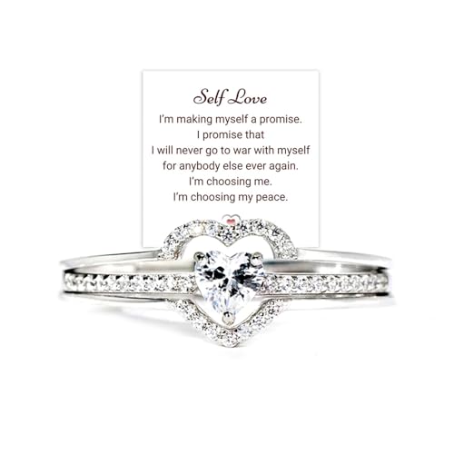 HNLUGF I Choose Me Layered Heart Rings for Woman, 2PCS S925 Self-Love Heart Ring Remind You That Self-Love Is The Best Kind Of Love, Inspirational Encouraged Ring Jewelry Gift for Her (Silver, 8)