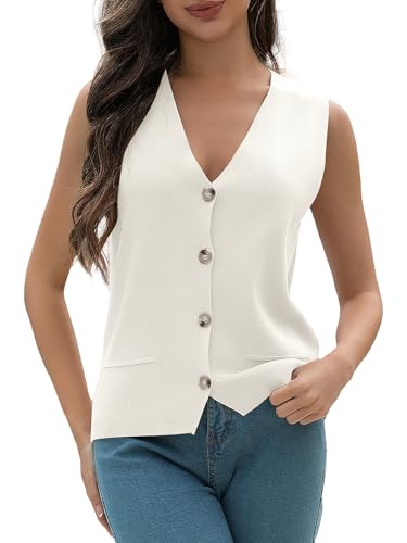 Women's Sweater Vests Summer V Neck Knit Tank Tops Crochet Button Down Sleeveless Y2k Shirts