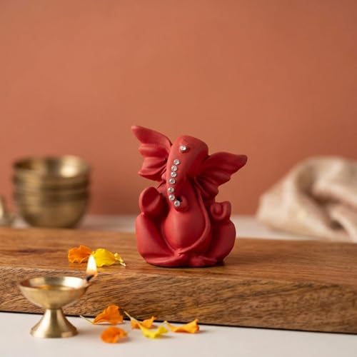 Image of eCraftIndia Red Ganesha Statue | Lord Ganesha Idol for Home Decor Car Dashboard | Ganesh Ganpati Murti Gift for Diwali Housewarming Birthday