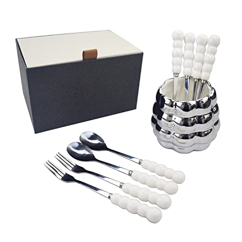 PUOO 4 Stainless Steel Fruit Pizza Toothpick Forks, 4 Dessert Coffee Ice Cream Cake Salad Spoons and 1 Piece Ceramic Electroplating Storage Jar for Preferred Combination of Tableware (Silver)