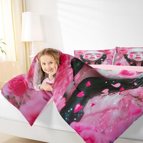 Image of Erosebridal Black and Pink Girl Bedding Sets Anime Gifts for Women Girls Romance Rose Girl Comforter Set Glitter Love Hearts Decor Duvet Insert Modern Lady Fashion Girls Bed Set King 3 Pieces
