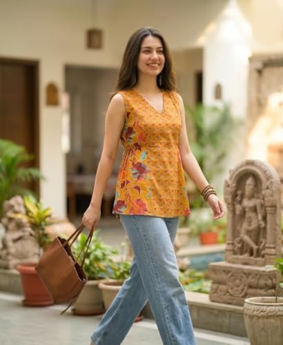 Image of Women's Red Floral Printed Sleeveless V-Neck Peplum Top, Casual Wear