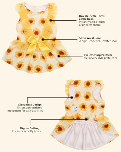 Image of CuteBone Sunflower Pet Dress for Small Dogs, Cats - Yellow Tulle Ruffle Sleeves - Satin Bow - Summer Garden, Photo Dress