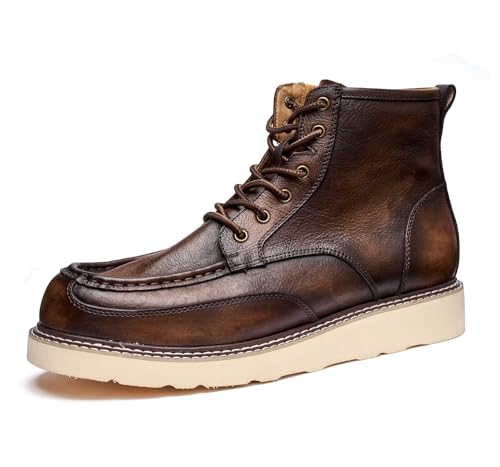 Specell Handcrafted Vintage High-Top Men's Work Boots - Retro Style & Timeless Durability, Soft Toe, Waterproof Casual Leather, Brown, Lace-Up Comfortable Moccasin Toe