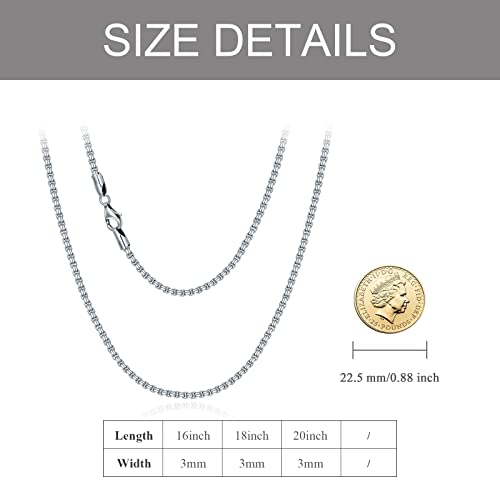 3.0mm Square Rolo Link Chain Necklace Sterling Silver Round Box Chain Necklace Jewelry Gifts for Men Women, 16", 18", 20"3