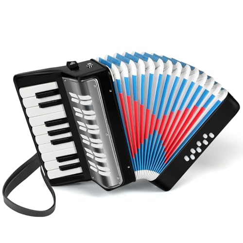Lotkey 17 Key Piano Accordion, 8 Bass Kids Accordion, Celluloid Body, Metal Cover Accordions Louder Clearer Timbre Than Plastic, Lightweight Design for Children, Beginners to Practice (Black)