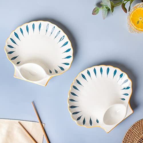 Image of Nestasia Set of 2 Ceramic Shell-Shaped Snack Plate with Dip Section for Chutney | Microwave & Dishwasher Safe Starter Plates | Perfect for Fries, Momos, Sushi, Kebab (White & Blue)
