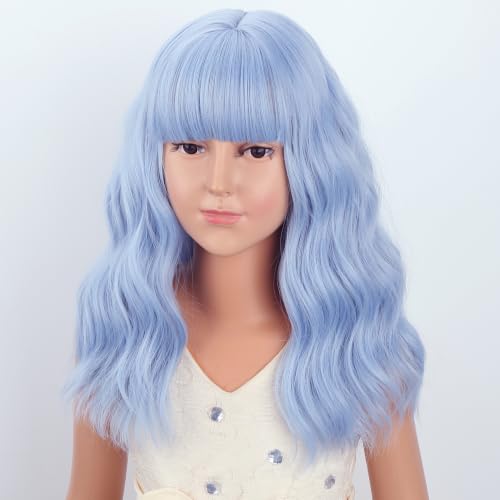 Image of Kids Blue Wig Girls Short Blue Wavy Curly Wigs Child Wig with Air Bangs Synthetic Cosplay Hair Wigs