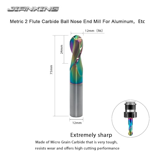 Image of 12mm R6 DLC Coated 2-Flute Carbide Ball Nose End Mill, Ideal for Aluminum, Copper Alloys, and Plastic Machining - High Precision & Wear-Resistant Cutting Tool (1 Pack)