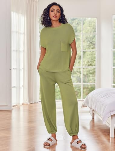 Image of Ekouaer Two Piece Outfits Lounge Sets for Women Sweater Sets Knit Short Sleeve Tops Jogger Pants Matching Tracksuit