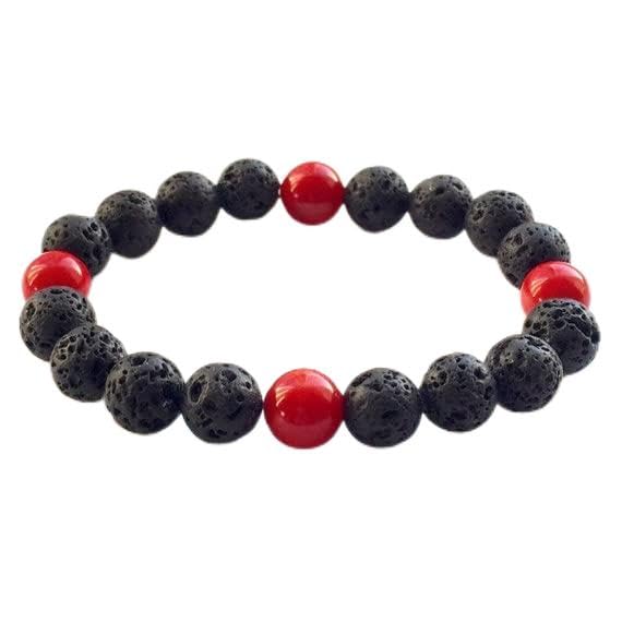 Bracelet en perles de lave et corail rouge 8mm élastique de 17cm pour homme et femme
