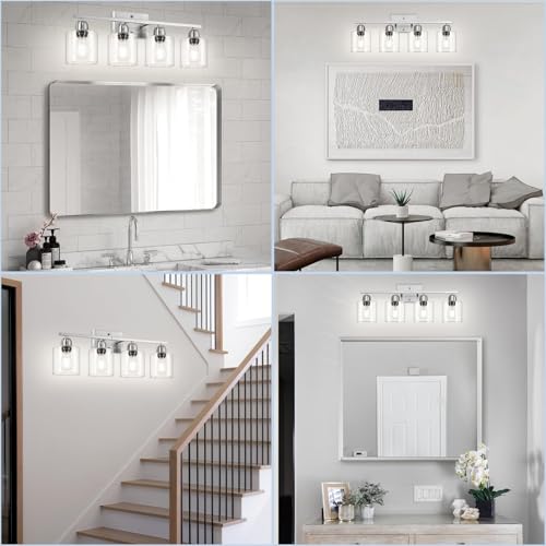 Image of Modern Brushed Nickel 4 Light Bathroom Light Fixtures, 24 inch Vanity Lights for Bathroom with Clear Glass, Bathroom Vanity Light for Mirror Kitchen Living Room Hallway Cabinet Porch