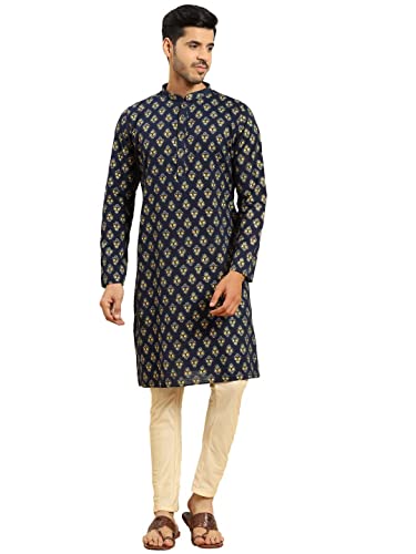 Amodh by Kisah Men's Navy Blue Cotton Regular Fit Woven Design Kurta | Festive Ethnic Kurta (40)