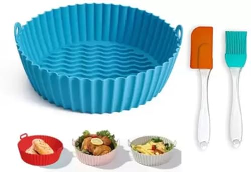 Image of Air Fryer Silicone Tray | Air Fryer Liners I Round Silicone Basket Baking Tray I Pot with Ear Handles I Nonstick Reusable Heat Resistant I Cooking Oven Insert Accessories (Blue + Oil Brush)