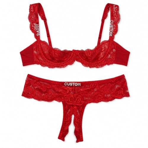 foshjay Personalized Rhinestone Lace Bra & Thong Set for Women - Hand-Sewn Custom Letter Intimates, Sexy Anniversary Birthday Honeymoon Surprise Gift Multicolor