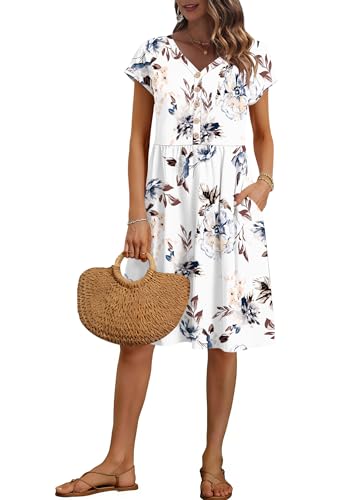 Image of AUSELILY Women's Summer Short Sleeve Knee-Length V Neck Dress with Pockets | V Neck,Cap Sleeve,Loose-Fit,Casual Dresses,2026 New
