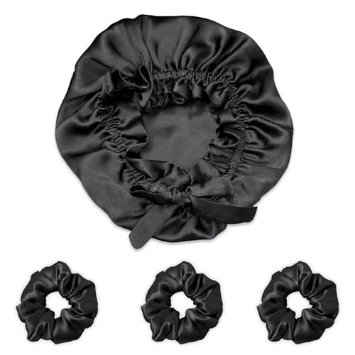 GLUN® Black Bonnet Hair Protector 1 Piece For Prevents Hair Breakage With 3 Piece of Satin Scrunchies, Soft Satin Sleep Cap for Frizz Control and Moisture Retention, Ideal for Curly and Natural Hair