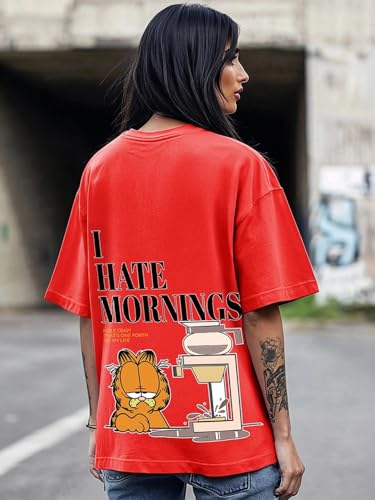 Image of Bewakoof X Garfield Garfield Women's 100% Cotton Graphic Print Oversized Fit Half Sleeve V-Neck T-Shirt | Casual wear | Streetwear | Oversized Tshirt for Woman Cotton| Baggy