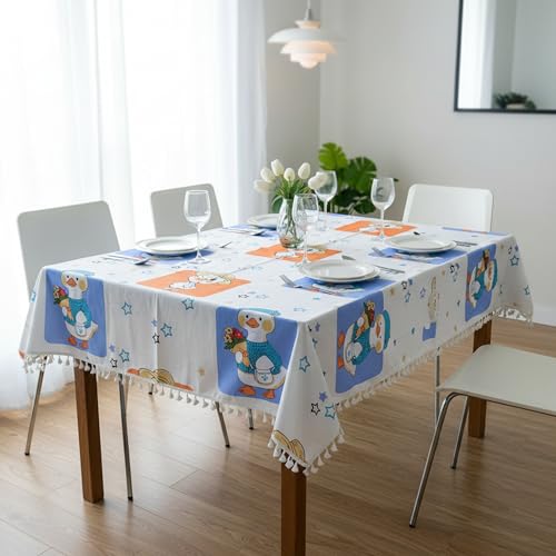 Image of LORETO - A QUALITY LINEN BRAND 100% Pure Cotton Table Cover with Boho Tassels (48 x 48 Inch) - Square Tablecloth for Square Dining Table, Playful Ducks on Creamy Beige