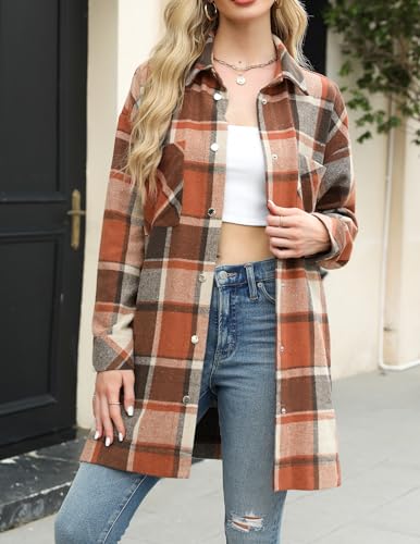 HOTOUCH Womens Flannel Jacket Long Plaid Shacket Casual Snap Button Tartan Trench Coat Long Sleeve Shirts with Pockets3