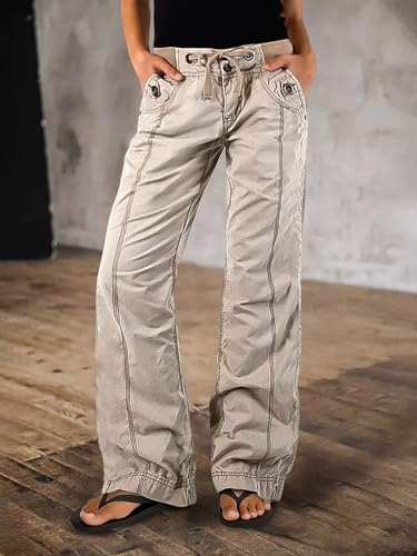 Flamingals Drawstring Cargo Pants for Women Baggy Mid Rise Straight Leg Stitch Detail Casual Pants2
