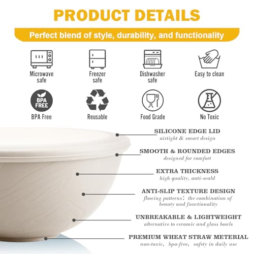Image of Wheat Straw Bowls Set with Lids, Unbreakable 40 OZ Large Cereal Bowls Set of 4, Salad Container for Lunch, Microwave & Dishwasher Safe Bowl Set for Kitchen, Picnic, RV, Camping, Beige