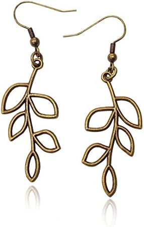 Bronze/Brass Tone Olive Tree Branch Leaf Earrings, Handmade Fishhook Dangle Womens Earring Set
