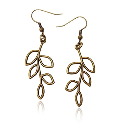 Bronze/Brass Tone Olive Tree Branch Leaf Earrings, Handmade Fishhook Dangle Womens Earring Set