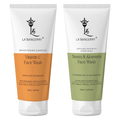 Image of LA'BANGERRY Brightening Complex Vitamin C Face Wash + Neem & Aloe Face Wash | With Niacinamide | Combo Pack | 50ml x 2
