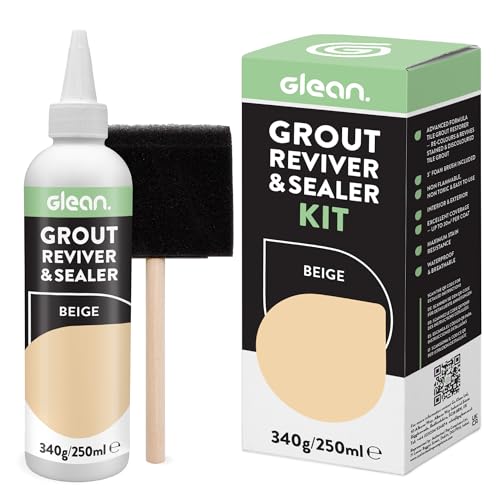 GLEAN Reviver y sellador de lechada | BEIGE | 340 g | restaura, repara, renueva la lechada de azulejos | Incluye cepillo de espuma | Resistente a las manchas y transpirable | Lechada de azulejos de
