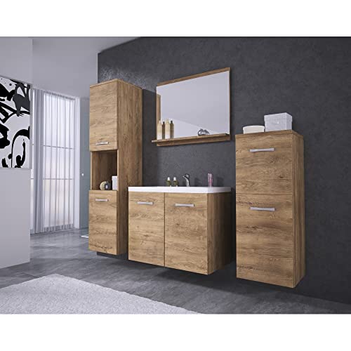 MINIO - Meubles de Salle de Bain Ensemble 4 Pièces Molo, 2X Armoire Murale Salle de Bain, 1x Miroir Salle de Bain avec Étagère, 1x Meuble avec Lavabo, Meuble de Salle de Bain - Chêne Lefkas