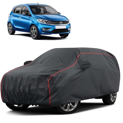Image of Sulfar 100% Water Resistant Car Body Cover Compatible with Mirror for Tata Tiago (Triple Stitched, Full Bottom Elastic, Dark Grey Taffeta with Red Piping)