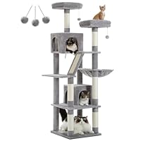 PETEPELA Krabpaal, grote speeltoren, met 6 krabpalen, 2 krabplanken, 2 platforms, 2 hondenhokken, 1 hangmat, 2 pompons, pluche stof, multi-level, 180 cm, beige