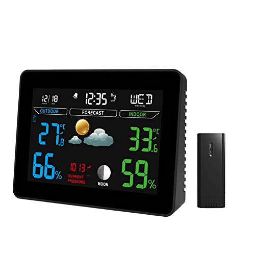 Wireless Weather Station with Outdoor Sensor,Multifunction LCD Color Screen Indoor Digital Thermometer Hygrometer Moon Phase Alarm and Snooze Function